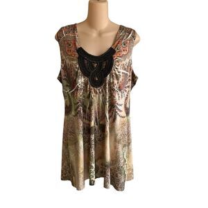 One World Womens Floral Paisley Babydoll Top Size L Boho Heavy Embellishment Art